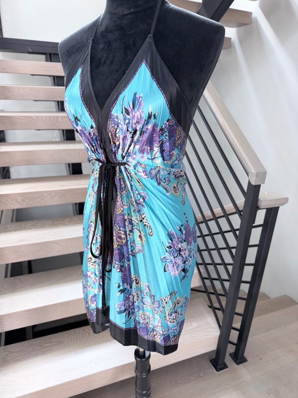 Blue Floral Halter Tie-Waist Silk Satin vacation Beach Dress size XS - Picture 3 of 8
